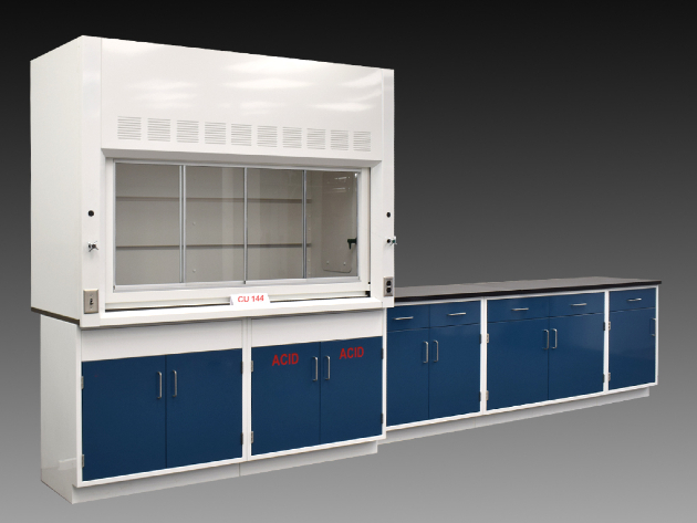 Laboratory fume hood with sliding glass sash, overhead ventilation, and blue acid-resistant base cabinets with black countertops, designed for chemical safety.