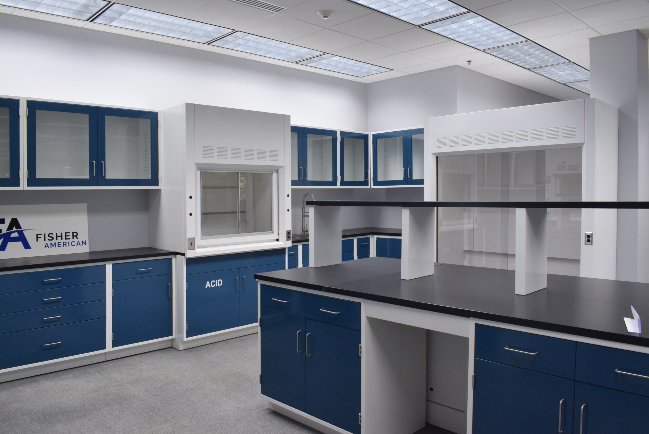 Fisher American Laboratory U Shaped Cabinet Group w/ 6’ & 4’ Bench Fume Hood, 6’ Walk-In and Island Group