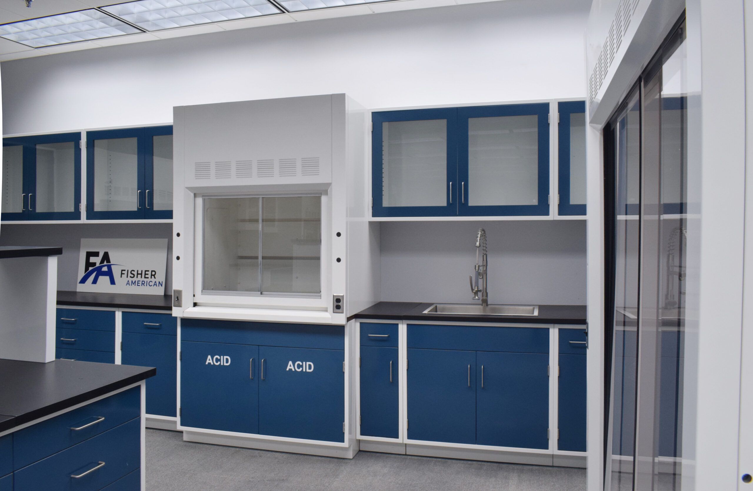 Fisher American Laboratory U Shaped Cabinet Group w/ 6’ & 4’ Bench Fume Hood, 6’ Walk-In and Island Group