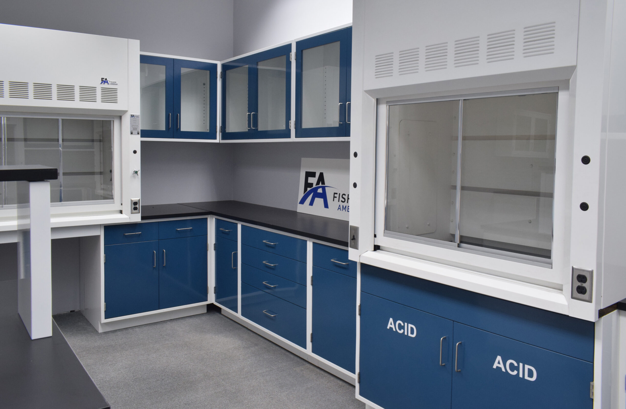 Fisher American Laboratory U Shaped Cabinet Group w/ 6’ & 4’ Bench Fume Hood, 6’ Walk-In and Island Group