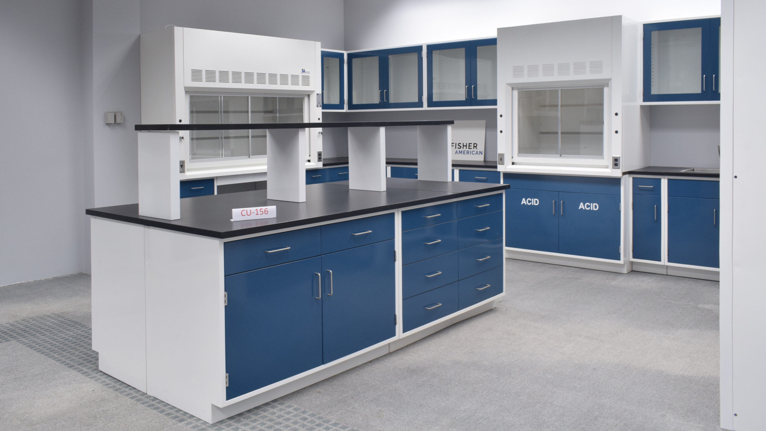 Fisher American Laboratory U Shaped Cabinet Group w/ 6’ & 4’ Bench Fume Hood, 6’ Walk-In and Island Group