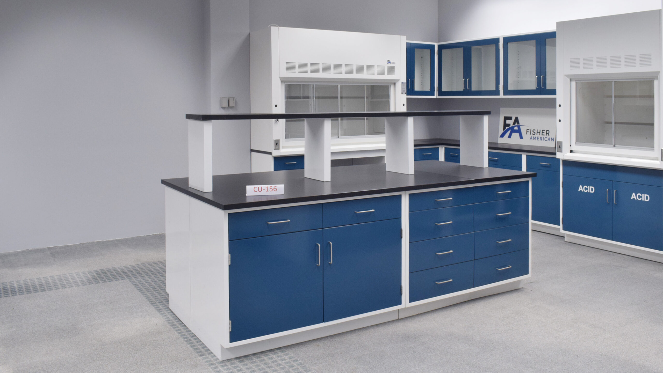 Fisher American Laboratory U Shaped Cabinet Group w/ 6’ & 4’ Bench Fume Hood, 6’ Walk-In and Island Group