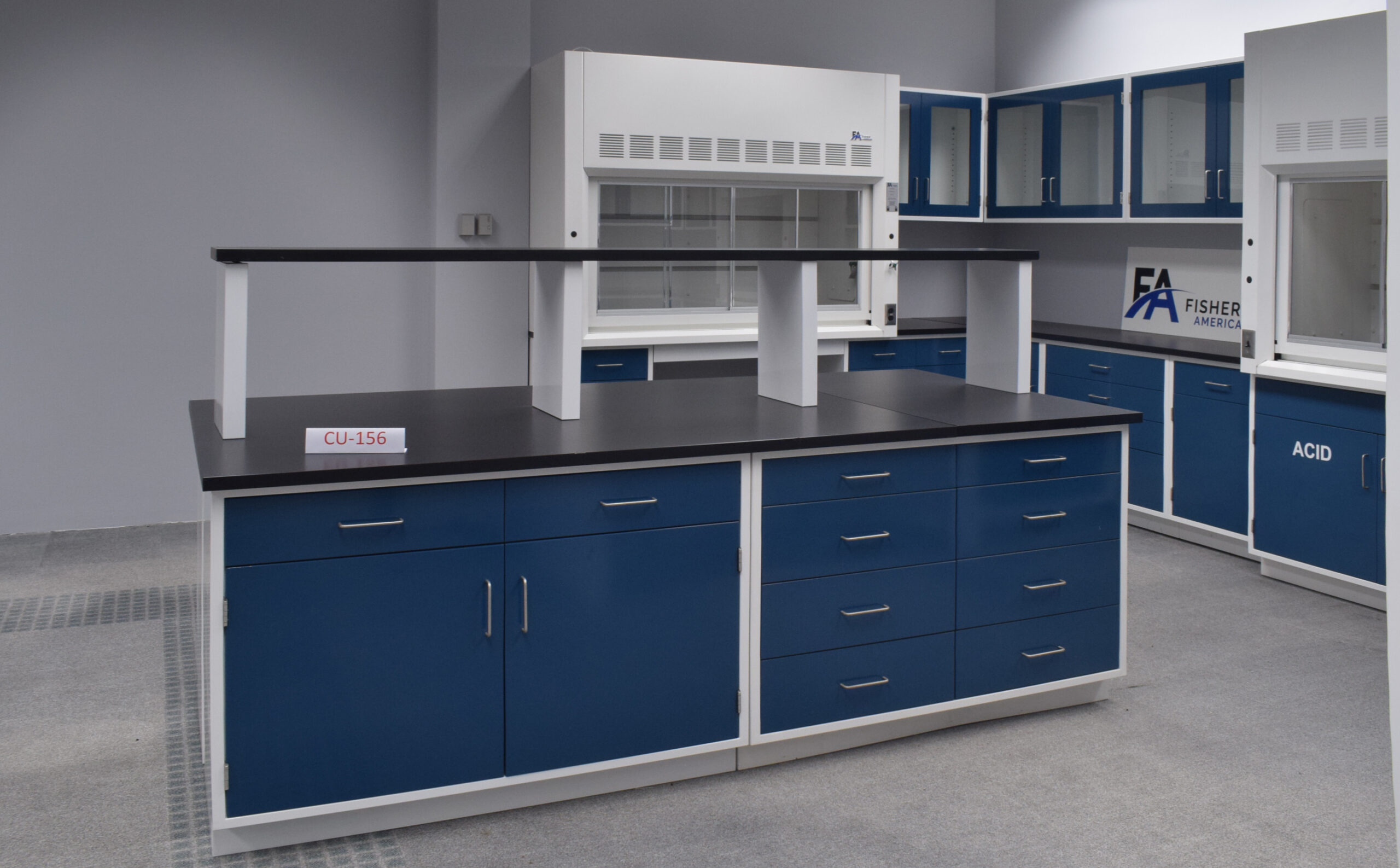 Fisher American Laboratory U Shaped Cabinet Group w/ 6’ & 4’ Bench Fume Hood, 6’ Walk-In and Island Group