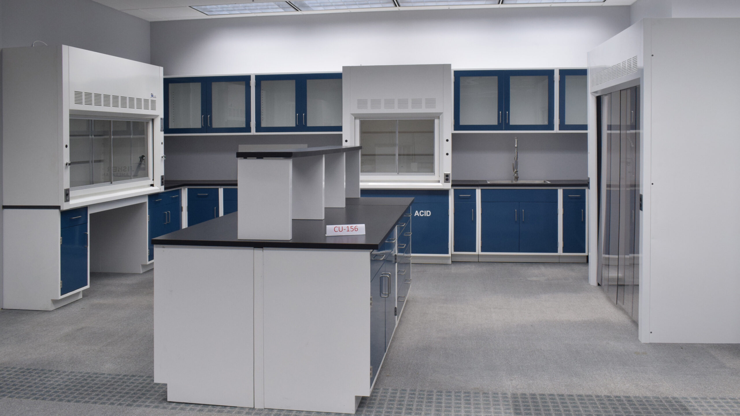 Fisher American Laboratory U Shaped Cabinet Group w/ 6’ & 4’ Bench Fume Hood, 6’ Walk-In and Island Group