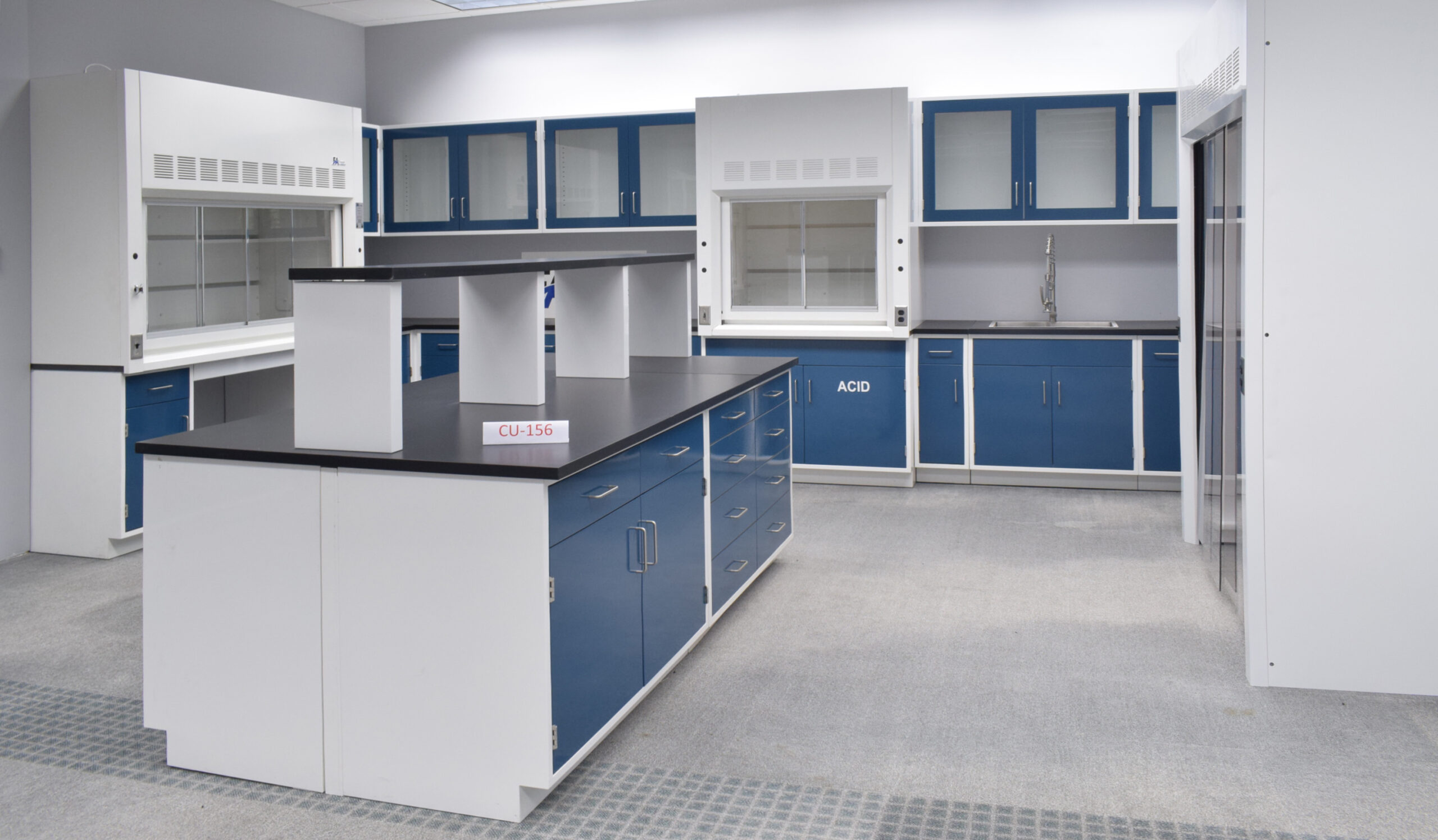 Fisher American Laboratory U Shaped Cabinet Group w/ 6’ & 4’ Bench Fume Hood, 6’ Walk-In and Island Group