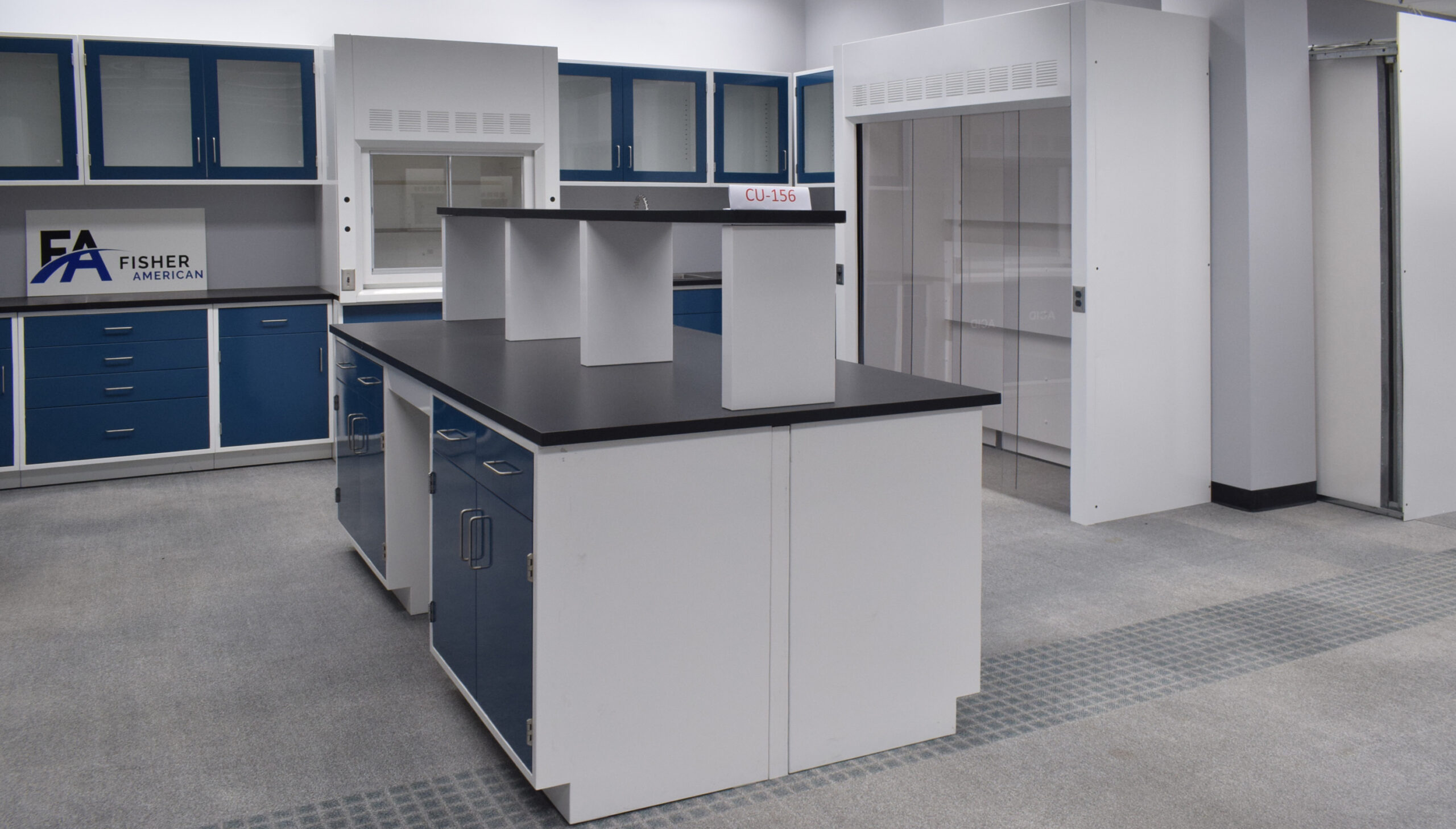 Fisher American Laboratory U Shaped Cabinet Group w/ 6’ & 4’ Bench Fume Hood, 6’ Walk-In and Island Group