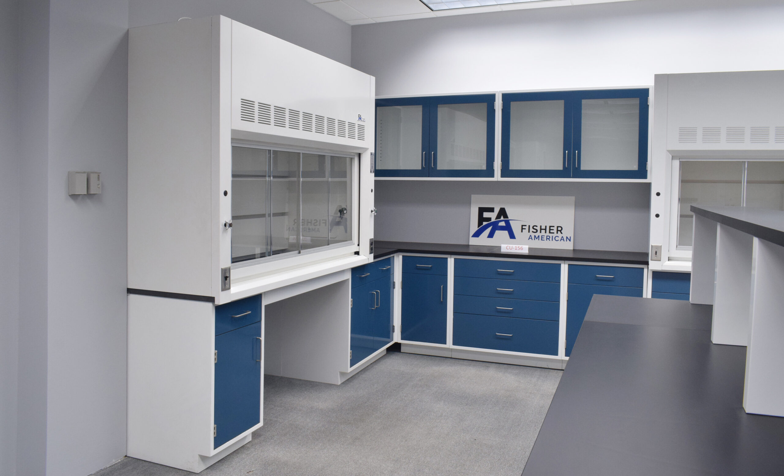 Fisher American Laboratory U Shaped Cabinet Group w/ 6’ & 4’ Bench Fume Hood, 6’ Walk-In and Island Group