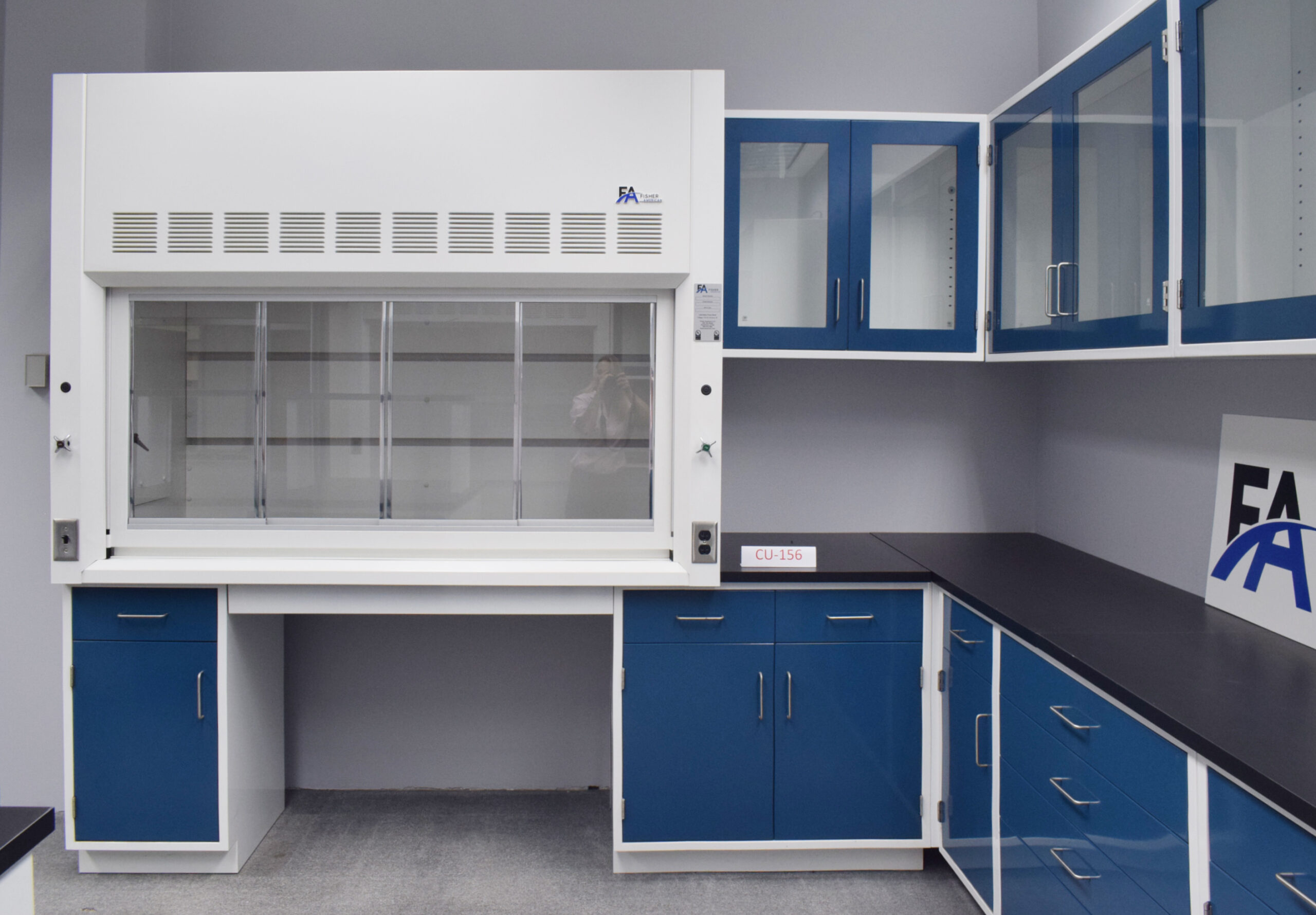 Fisher American Laboratory U Shaped Cabinet Group w/ 6’ & 4’ Bench Fume Hood, 6’ Walk-In and Island Group
